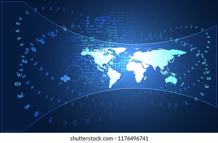 Abstract Big data Communication Technology global digital cryptocurrency Concept Global Blockchain, World information, web internet, money transfer, Bitcoin and Stock Exchange .vector illustration 