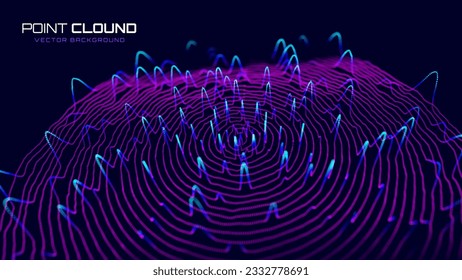 Abstract Big Data Digital Circles of Particles with Noise. Futuristic Circular Sound Wave. Big Data Visualization. 3D Virtual Space VR Cyberspace. Crypto Currency Concept. Vector Illustration.