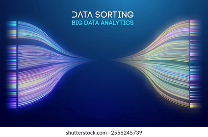 Abstract big data flow with colorful lines on a dark blue gradient background. Emphasizes big data sorting and analytics processes.