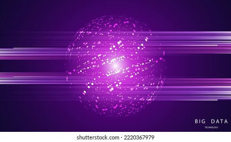 abstract Big data pink purple network circle digital connection and point curve wave communication futuristic on blue background.