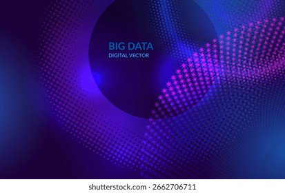Fundo de tecnologia de big data - vetor digital com círculos de meio-tom azul e roxo e padrão de estrelas, TI futurista, inteligência artificial, blockchain, fluxo de dados, rede e análise