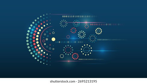 Visualização abstrata de big data com código binário, elementos circulares brilhantes e efeitos de luz digital em um fundo azul escuro. Conceito de análise de dados, IA e tecnologia da informação.