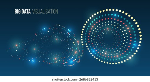 Visualização abstrata de grandes dados com pontos brilhantes coloridos formando padrões circulares e espirais em um fundo azul escuro. Conceito de análise digital e fluxo de informações.