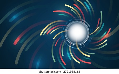 Abstract big data visualization with colorful curved lines orbiting a glowing central core, symbolizing data streams, analytics, processing power, and advanced digital technology.