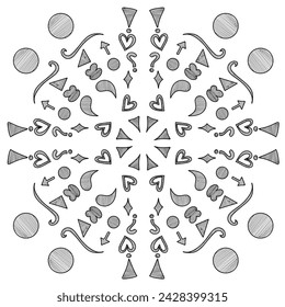 Abstract big doodle set of various icons.Hearts,triangles,Circles,etc.Isolated on white background,in shape of sunburst.