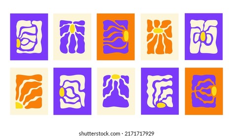 Abstract big floral set posters with various blossom groovy flowers. Naive aesthetic art decor. Trendy hand drawn vector illustration