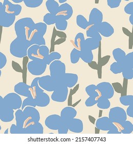 Abstract big flowers in pastel blue and milk colors palette. Modern and abstract floral seamless design.