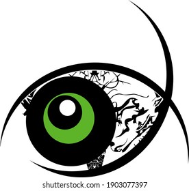 Abstract big green eye symbol. Huge eye in the shape of fish on a white background for emblems, tattoos, creative ideas, etc.