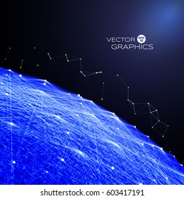 Abstract  big object in space with flow away to the light particles. Concept design vector illustration.