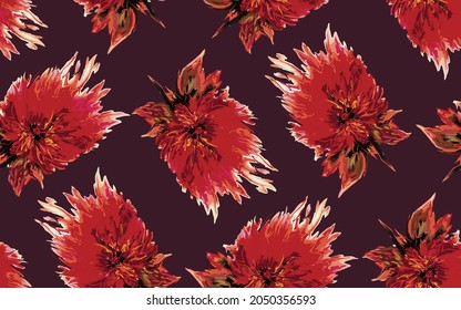 abstract big red flower arrangement, all-over design on solid red background for textile printing factory