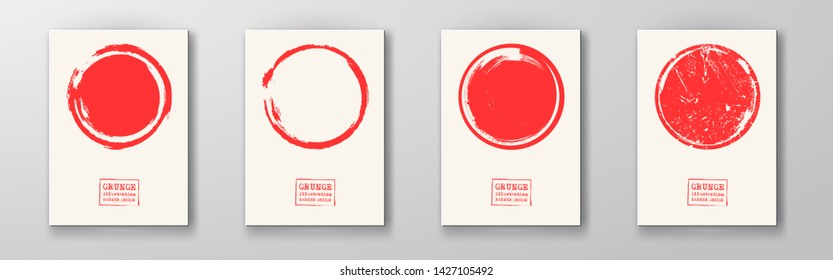 Abstract big red grunge circle on white backgrounds set. Brochure, banner, poster design. Sealed with decorative red stamp. Stylized symbol of Japan. Vector illustration.