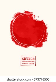 Abstract big red grunge circle on white background. Sealed with decorative red stamp. Stylized symbol of Japan. Vector illustration.