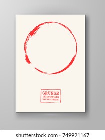 Abstract big red grunge circle on white background. Brochure, banner, poster design. Sealed with decorative red stamp. Stylized symbol of Japan. Vector illustration.