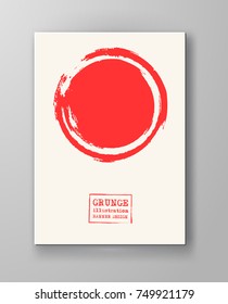 Abstract big red grunge circle on white background. Brochure, banner, poster design. Sealed with decorative red stamp. Stylized symbol of Japan. Vector illustration.