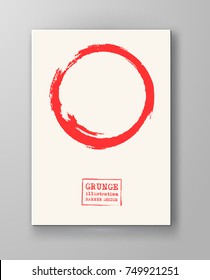 Abstract big red grunge circle on white background. Brochure, banner, poster design. Sealed with decorative red stamp. Stylized symbol of Japan. Vector illustration.