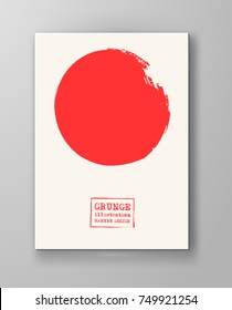 Abstract big red grunge circle on white background. Brochure, banner, poster design. Sealed with decorative red stamp. Stylized symbol of Japan. Vector illustration.