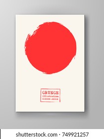 Abstract big red grunge circle on white background. Brochure, banner, poster design. Sealed with decorative red stamp. Stylized symbol of Japan. Vector illustration.