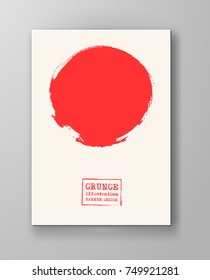 Abstract big red grunge circle on white background. Brochure, banner, poster design. Sealed with decorative red stamp. Stylized symbol of Japan. Vector illustration.