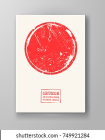 Abstract big red grunge circle on white background. Brochure, banner, poster design. Sealed with decorative red stamp. Stylized symbol of Japan. Vector illustration.