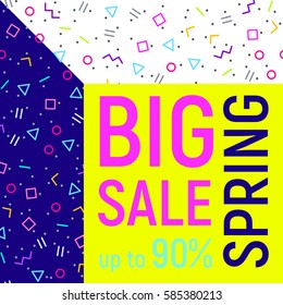 Abstract Big sale banner, geometric background with different geometric shapes - triangles, circles, dots, lines. Memphis style. Bright and colorful, 90s style. Vector illustration. Neon colors