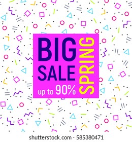 Abstract Big sale banner, geometric background with different geometric shapes - triangles, circles, dots, lines. Memphis style. Bright and colorful, 90s style. Vector illustration. Neon colors