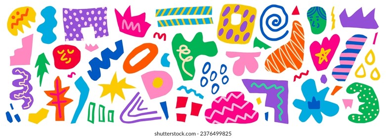 Abstract big set of colorful hand drawn various shapes, curls, forms and doodle objects. Modern vector illustration