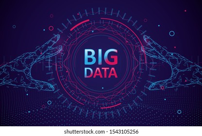 Abstract Bigdata Coding Science Background. Circle Geometric Particle. Hands Touching Big Data Stream Futuristic Infographic