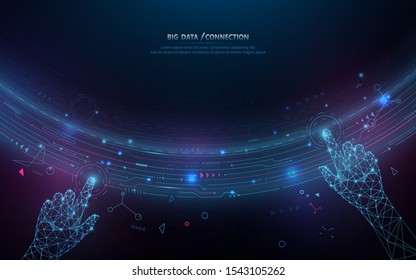 Abstract bigdata coding science background. Circle geometric particle. Hands touching big data stream and connection futuristic infographic