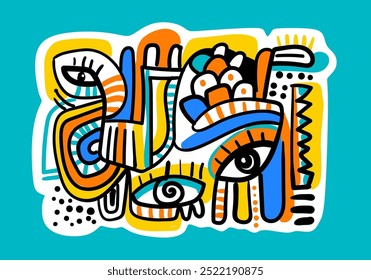 abstract big-eyed face portrait, oil painting, colorful background, cubism art style, vector illustration.