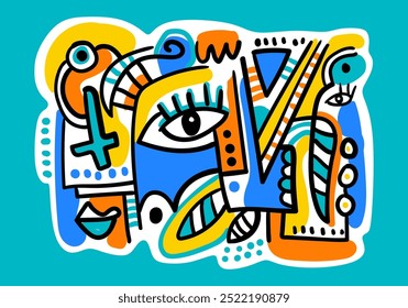 abstract big-eyed face portrait, oil painting, colorful background, cubism art style, vector illustration.