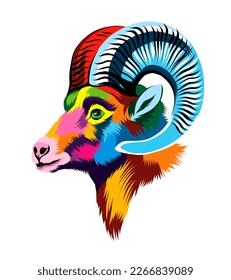 Abstract bighorn sheep head portrait, mountain sheep from multicolored paints. Colored drawing. Vector illustration of paints