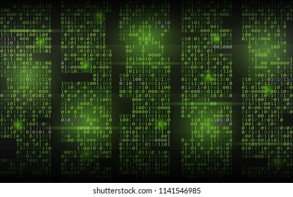 Abstract binary background. Green streaming code. Columns with digits on dark backdrop. Hacked screen concept. Trendy vector illustration.