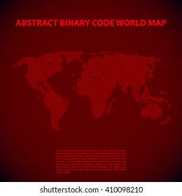 Abstract binary code background. World map filled by 0 and 1 numbers. Red tone vector illustration.