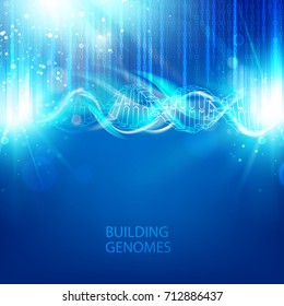 Abstract binary code on blue background of Matrix style. Science concept of DNA illustration with bigdata visualization. Vector illustration.