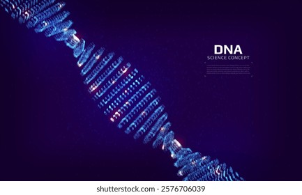 Abstract binary DNA structure. 3D digital genetic model constructed with numbers one and zero. Scientific background for genetics, biotechnology and medical research. Vector illustration.