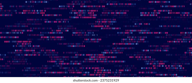 Abstract Binary Software Programming Code Background. Random Parts of Program Code. Digital Data Technology Concept. Random Binary Data Matrix Wide Vector Illustration.