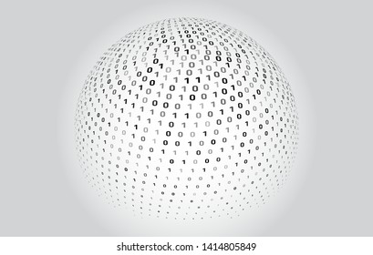 Abstract binary sphere. Digital computer code on the grey background. Data transfer vector concept.