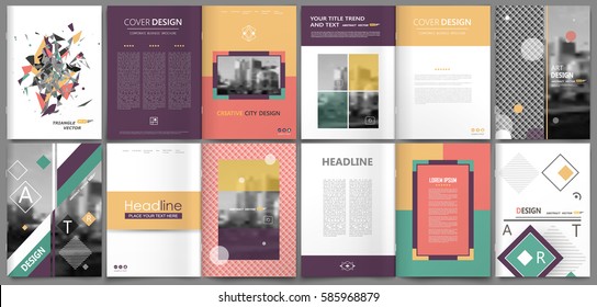 Abstract binder art. Patch a4 brochure cover design. Square info banner frame. Ad flyer text. Title sheet model set. Fancy vector front page. City font blurb. Red, green, violet, yellow figures icon