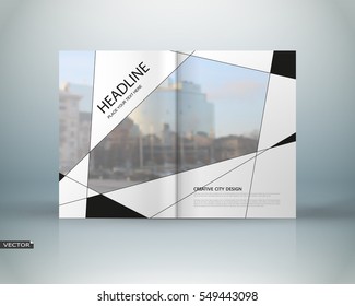 Abstract binder art. White a4 brochure cover design. Info banner frame. Elegant ad flyer. Daily periodical issue. Text font. Blurb model. Fancy vector front page. City view. Trade center figure icon