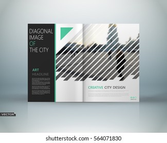 Abstract binder art. White a4 brochure cover design. Info banner frame. Ad flyer. Daily periodical issue. Text font. Blurb model. Fancy vector front page. City view. Green triangles, lines figure icon