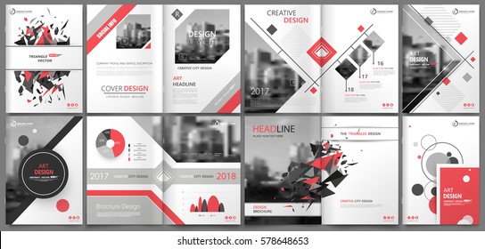 Abstract binder art. White a4 brochure cover design. Info banner frame. Elegant ad flyer text. Title sheet model set. Fancy vector front page. City font blurb. Red line, square, triangle figure icon