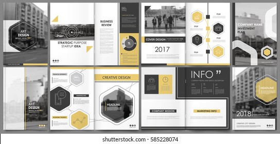 Abstract binder art. White a4 brochure cover design. Info banner frame. Elegant ad flyer text. Title sheet model set. Fancy vector front page. City font blurb .Yellow line, hexagon,  figure icon