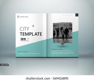 Abstract binder art. White, green a4 brochure cover design. Info banner frame. Elegant ad flyer. Daily periodical issue. Text font. Blurb model. Fancy vector front page. City view. People figures icon