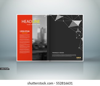 Abstract binder. Black low polygonal a4 brochure cover design. Red info banner frame. Elegant ad flyer text font. Title sheet model. Fancy vector front page. Techno blurb. White triangle figures icon