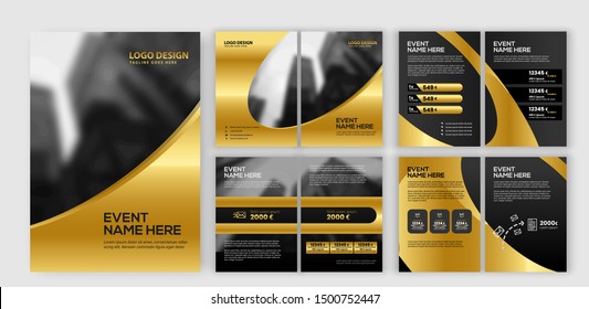 Abstract binder layout. Black a4 brochure cover design. Fancy info text frame. Creative ad flyer font. Title sheet model set. Modern vector front page. Elegant city banner. Yellow figures icon fiber