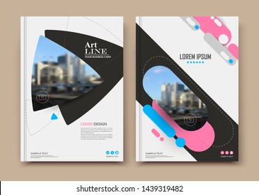 Abstract binder layout. Pink a4 brochure cover design. Fancy info text frame. Creative ad flyer font. Title sheet model set. Modern vector front page. Elegant city banner. Blue figures icon fiber