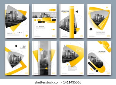 Abstract binder layout. White a4 brochure cover design. Fancy info text frame. Creative ad flyer font. Title sheet model set. Modern vector front page. Elegant city banner. Yellow figures icon fiber