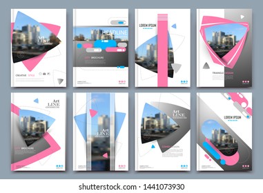 Abstract binder layout. White a4 brochure cover design. Fancy info text frame. Creative ad flyer font. Title sheet model set. Modern vector front page. Elegant city banner. Pink figures icon fiber. 