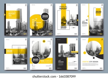 Abstract binder layout. White a4 brochure cover design. Fancy info text frame. Creative ad flyer font. Title sheet model set. Modern vector front page. Elegant city banner. Yellow figures icon fiber