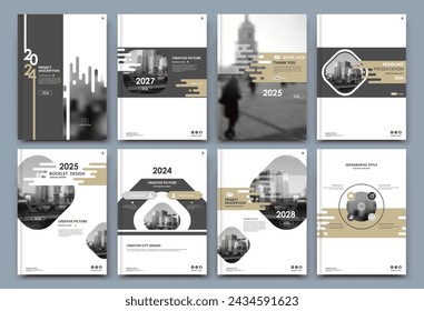 Abstract binder layout. White a4 brochure cover design. Fancy info text frame. Creative ad flyer font. Title sheet model set. Modern vector front page. Elegant city banner. Gray figures icon fiber